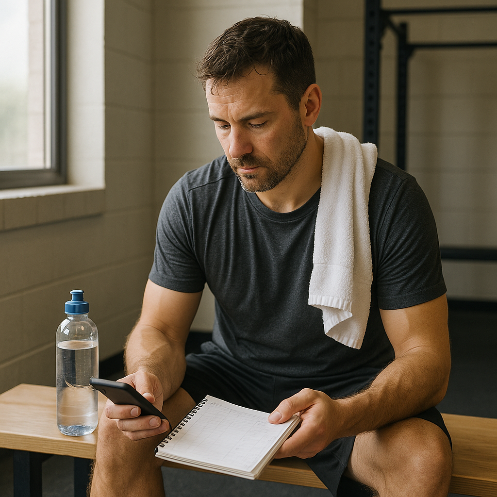 An everyday person sitting on a gym bench reviewing a notebook and phone after a workout.