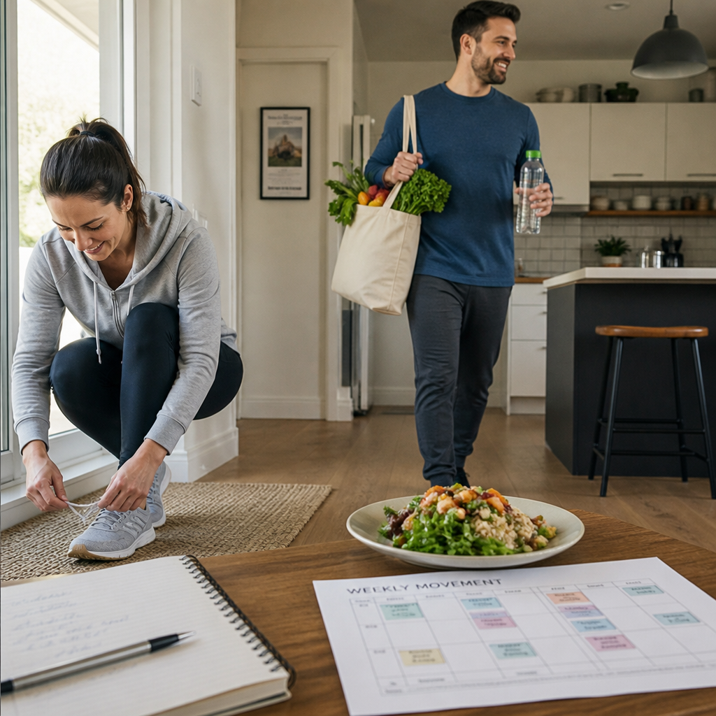 Two adults in a bright home setting with exercise shoes, a meal plate, and a weekly calendar, illustrating everyday fat loss habits.