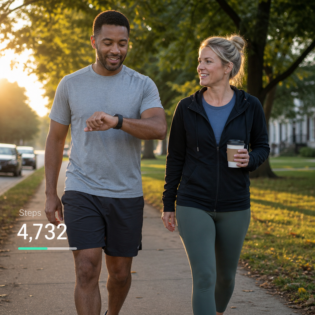 Two people walking at sunrise in a neighborhood park with coffee cups and phone step counters.